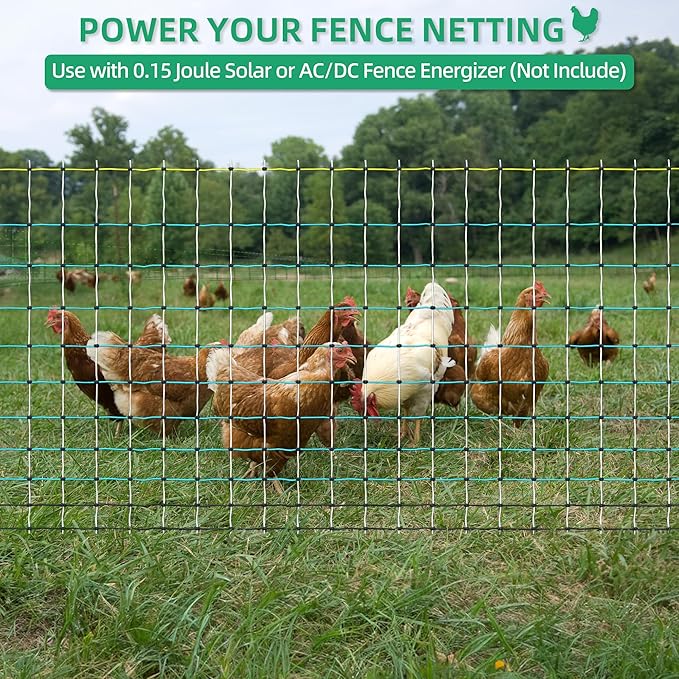 Poultry Netting Electric Fence - 41.5" H x 164' L, Portable Livestock Nets Mesh for Chickens, Ducks, Geese, Turkey, Electric Fencing for Backyards, Homesteaders, Farms, Ranches, Gardens