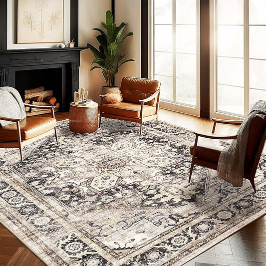 Washable Area Rug 10'x14' Black-Purple Khaki Retro Flowers Boho Design Non-Shedding Easy Care Ideal for High Traffic Areas in Living Room Bedroom Office Coffee Table Kitchen Large Carpet