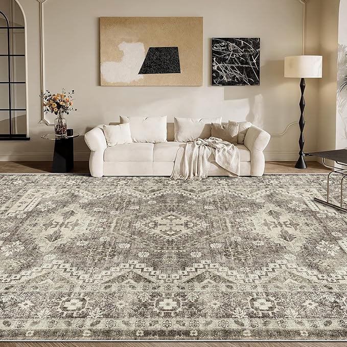 Rugland 6x9 Rug - Stain Resistant Washable Rug, Anti Slip Backing Rugs for Living Room, Vintage Tribal Area Rugs (TPR07-Ivory, 6'x9')