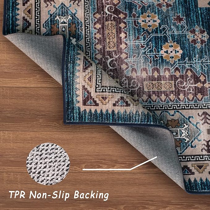 vivorug 6x9 Area Rug, Ultra-Soft Washable Rug for Living Room, Dinner Room, Bedroom, Non-Slip Vintage Medallion Rug, Indoor Carpet Large Area Rug, Blue