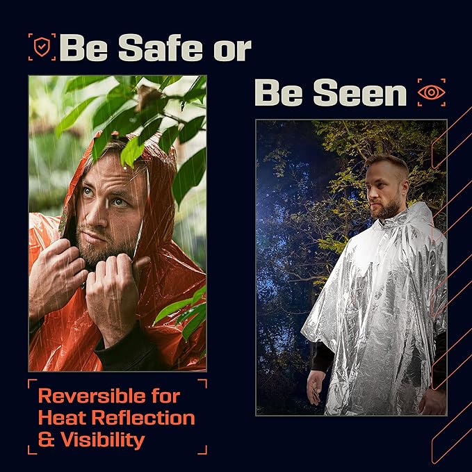 PREPARED4X Emergency Poncho and Mylar Blanket Liner - Waterproof, Wind-Resistant Outdoor Rain Poncho for Camping, Emergencies