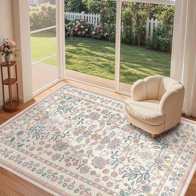 4x6 Area Rug Living Room Rugs - Washable Boho Vintage Floral Large Soft Non Slip Thin Rug Low Pile Carpet for Bedroom Dining Room Kids Playroom Office Decor Indoor- Pink