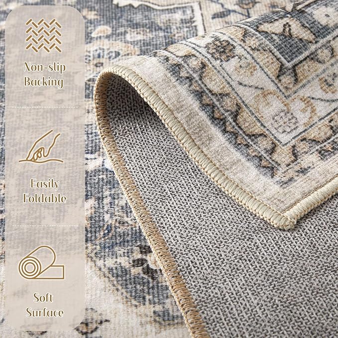Washable Rug 3x8 Hallway Runner Rug-for Entryway Bedroom Kitchen Room Corridor Decor -Stain & Fade Resistant Non Slip Backing Carpet,Ultra-Thin Vintage Long Carpets(Blue/Beige)