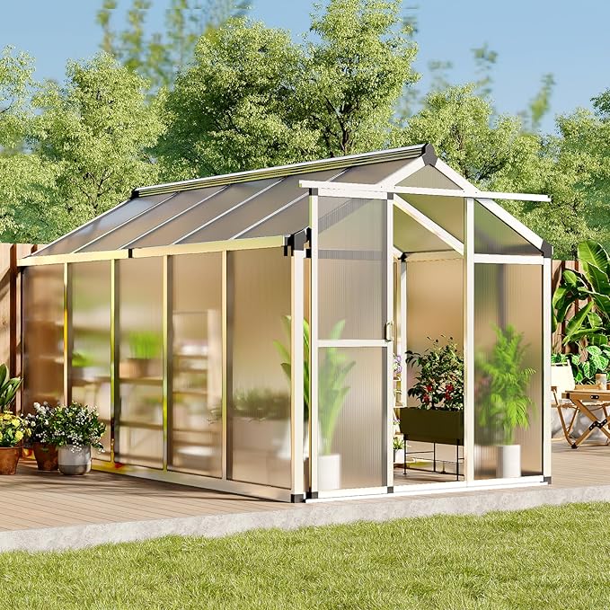 Greenhouse, 6x10 Ft Outdoor Greenhouses, Accessible Green House with Roof Vents and Sliding Doors, Aluminum Frame Polycarbonate Greenhouses, Large Greenhouse for Outdoor Gardens and Backyards, Silver