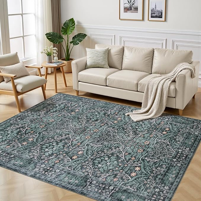 Retro Green Area Rug 6x9 Machine Washable Rug for Living Room,Entryway Bedroom Farmhouse Nursery Home Office，Low Pile Stain & Slip Resistant Large Dark Green Carpet for Bedroom