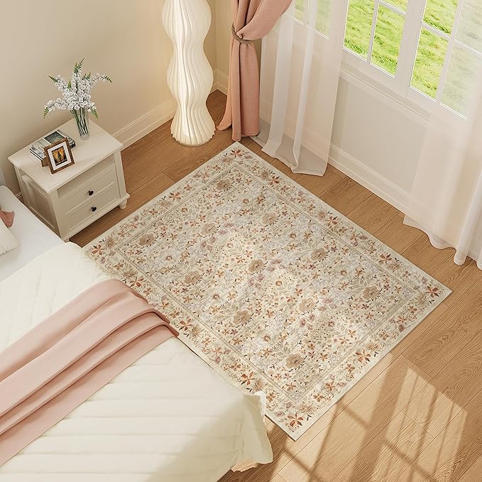 DUKINO 4x6 Rugs for Living Room, Lightweight Non Slip Washable Rug with Low Pile Design, Vintage Floral Non-Shedding Soft Carpet for Living Room, Bedroom, Farmhouse, Office, Bathroom, Beige