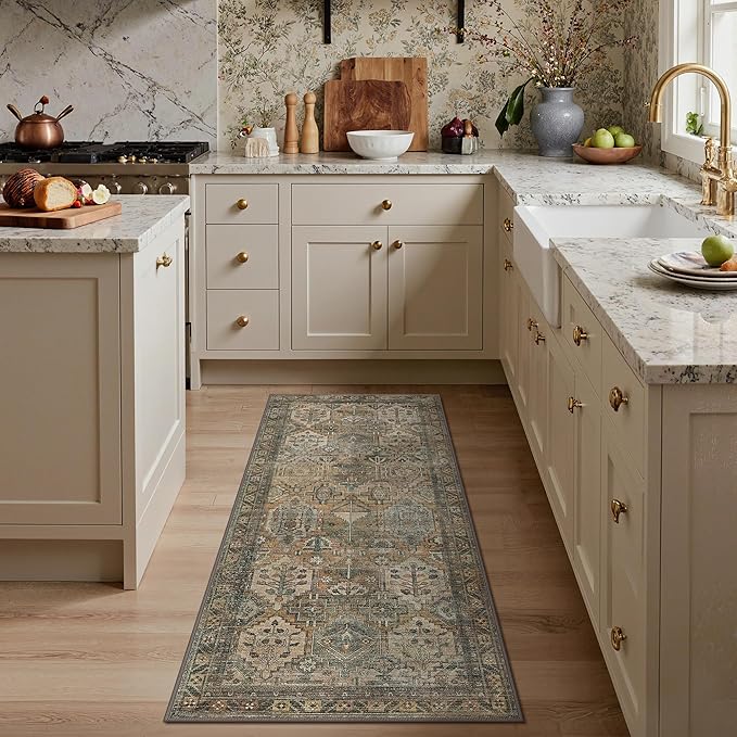 GENIMO 2x6 Runner Rugs for Hallway, Machine Washable Non Slip Vintage Rugs, Low Pile Lightweight Soft Print Rug for enrtyway, Corridor, Home, Office, Kitchen, Muted Taupe