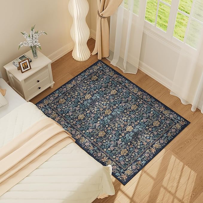 DUKINO 3x5 Area Rug, Vintage Floral Washable Rug for Bedroom with Non Slip Design, Soft Low Pile Indoor Small Carpet for Bedroom, Farmhouse, Living Room, Office, Bathroom, Dark Blue