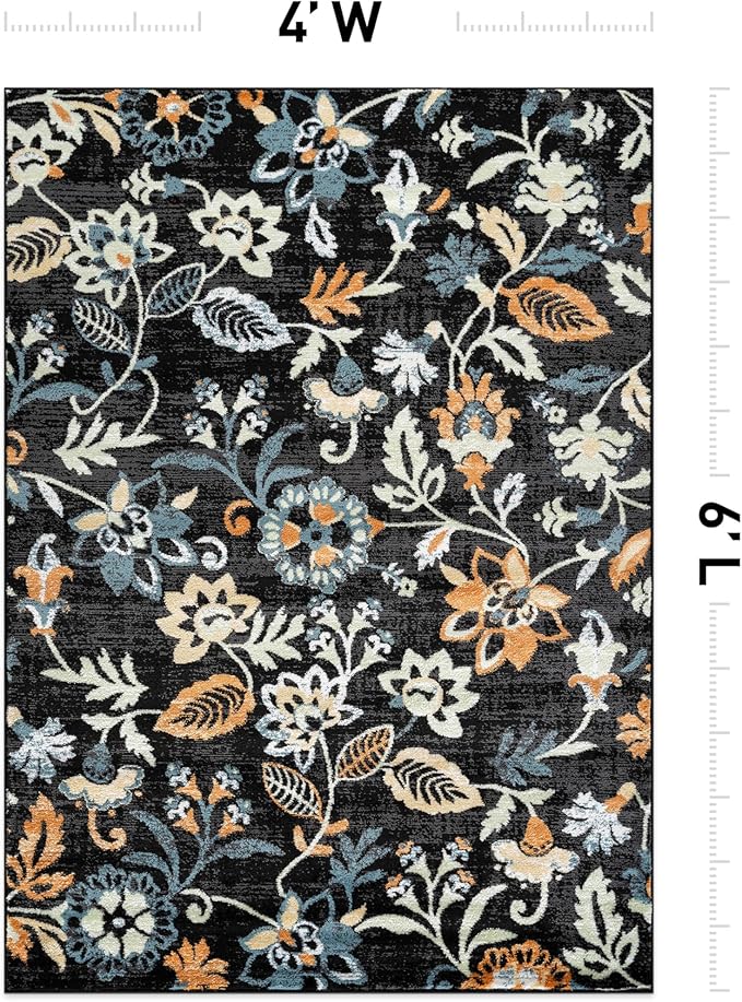 Rugshop Vine Floral Area Rug Modern for Living Room, Bedroom, or Entryway Black Multi 4' x 6' Black