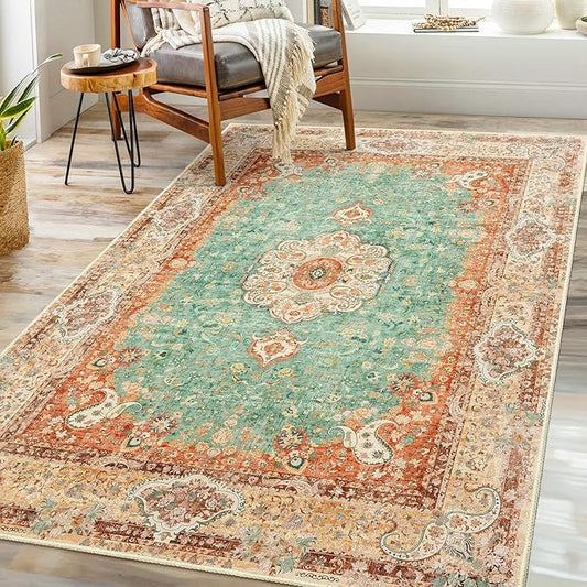 Boho Rug 3x5,Washable Area Rugs for Bedroom Living Room Kitchen Entryway,Small Boho Vintage Bohemian Distressed Farmhouse Non Slip Carpet,Retro Orange Green Floral