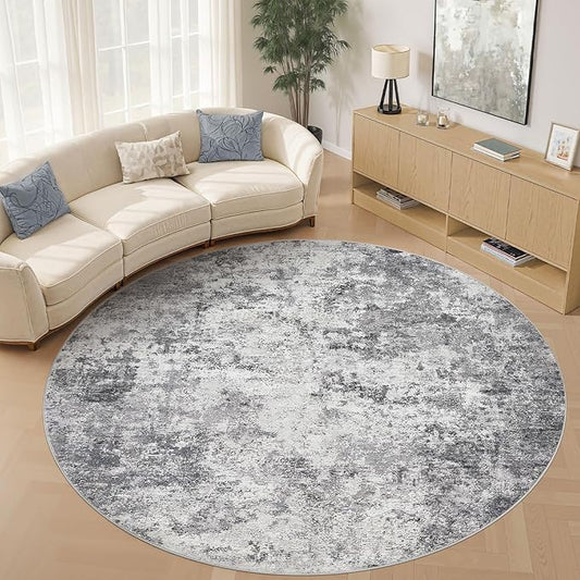 10ft Round Area Rug Living Room Rugs - 10x10 Washable Large Neutral Modern Abstract Soft Thin Rug Indoor Floor No Slip Rug Carpet for Bedroom Under Dining Table Home Office Decor - Grey