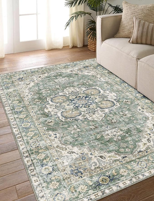Washable Area Rug 4x6 - Boho Living Room Rug Non Slip Soft Bedroom Rug Ultra-Thin Sage Green Vintage Medallion Oriental Dining Room Rugs for Under Table Indoor Carpet for Living Room Kitchen