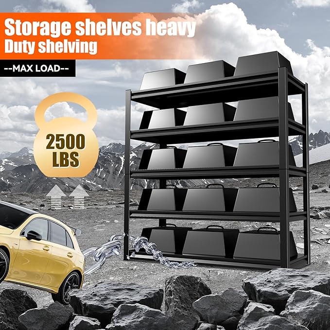 48" W Garage Shelving 2500LBS Heavy Duty Storage Shelves 5 Tier Adjustable Shelving Unit Metal Storage Rack for Garage Basement Warehouse Supermarket 23.6" D x 47.2" W x 72" H
