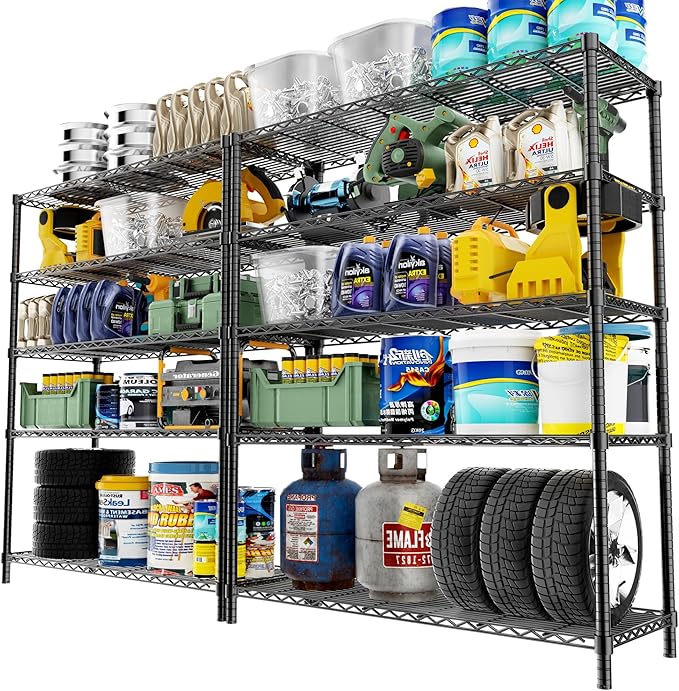 Storage Shelves, 2 PCS 48" L x 20" W x 72" H Heavy Duty Garage Wire Shelving Unit Loads 2000LBS, 5-Tier Adjustable Metal Industrial Utility Shelf Rack for Kitchen, Laundry Room, Basement