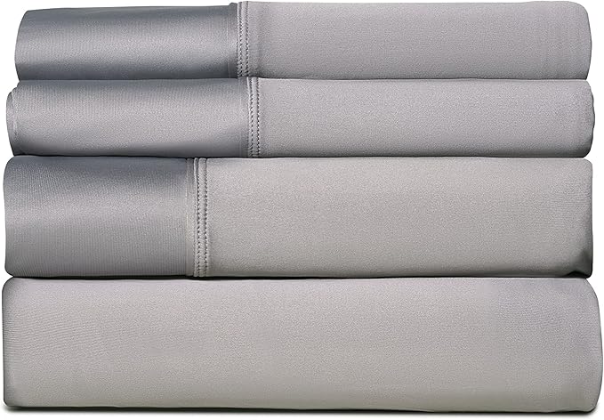SHEEX - Active Comfort Cooling Sheets Set (Queen) Pewter - Moisture Wicking - 1 Flat Cooling Sheet, 1 Fitted Cooling Sheet, 2 Cooling Pillow Covers - Wrinkle Free - Sleep Aid