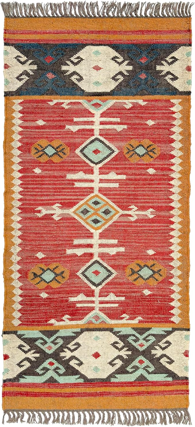 Jute Traditional Kilim Rug Boho Flatweave Area Rug for Living Room, Living Room Entryway, Tribal Series, 2'x14'