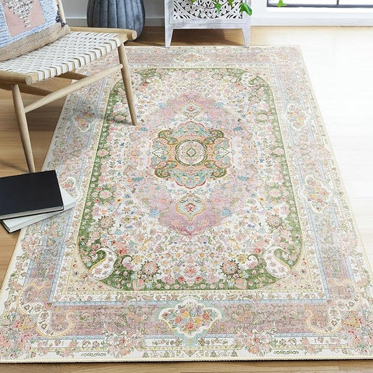 Pink Rug 4'x6.5',Washable Area Rugs for Bedroom Living Room Kitchen Entryway,Small Boho Vintage Bohemian Distressed Non Slip Carpet,Blush Green