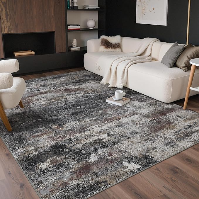 GENIMO 6x9 Area Rugs for Living Room, Modern Abstract Low Pile Rug with Non-Slip Pad, Crease-Resistant Soft Floor Carpet, Single-Piece Rugs for Bedroom, Dining Room, Office, Dark Gray Brown