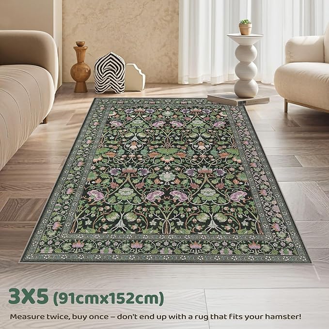3x5 Area Rug Living Room Rugs - Washable Boho Vintage Floral Large Soft Non Slip Thin Rug Low Pile Carpet for Bedroom Dining Room Kids Playroom Office Decor Indoor- Green Dark