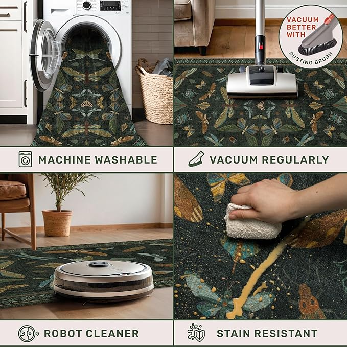 Dark Green Insect 6ft Round Washable Area Rug for Living Room - Non Skid Low Pile & Soft Carpet for Bedroom Beside Bed, Forest Butterfly Design Stain Resistant Home Décor