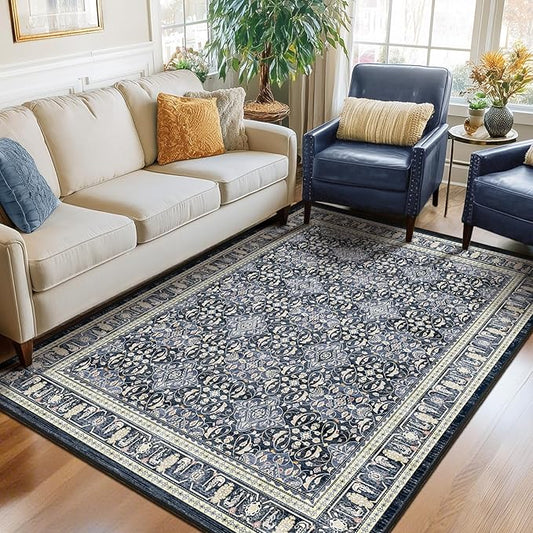 Washable 5x8 Area Rugs, Floral Moroccan Trellis Classic Boho Carpet for Living Room Bedroom, Low Pile Thin Rug with Rubber Backing Non Slip Machine Washable for Dining Room Office, Dark Blue