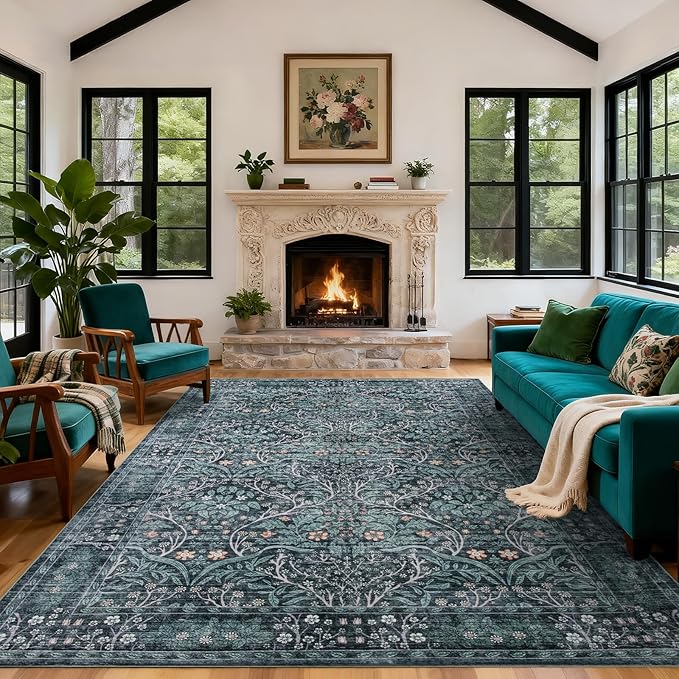 Washable Area Rug 9x12 Living Room Rug,Retro Green Rug for Dining Room Entryway Bedroom Farmhouse Nursery Home Office,Low Pile Stain & Slip Resistant Large Carpet for Bedroom
