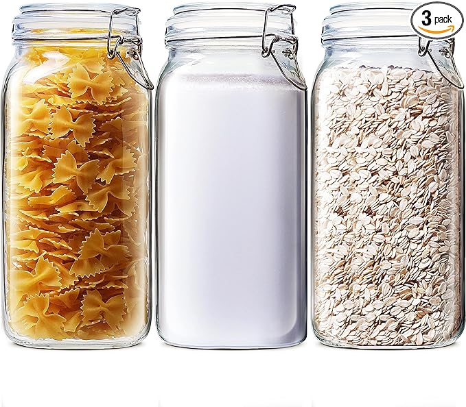 78oz - 3 Pack Square Glass Jars with Airtight Lid, Wide Mouth Mason Jars with Clamp Lids, Air Tight Glass Canisters, Best Food Storage Containers for Flour, Sugar, Cereal, Pasta, Rice, Coffee, Spice