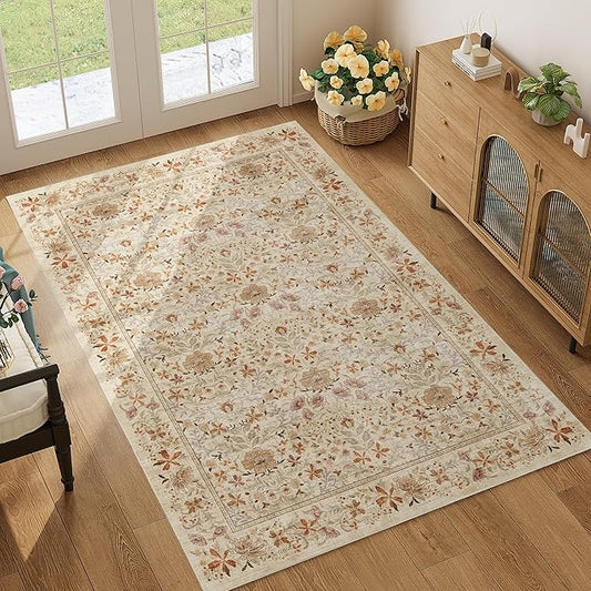 DUKINO 4x6 Rugs for Living Room, Lightweight Non Slip Washable Rug with Low Pile Design, Vintage Floral Non-Shedding Soft Carpet for Living Room, Bedroom, Farmhouse, Office, Bathroom, Beige