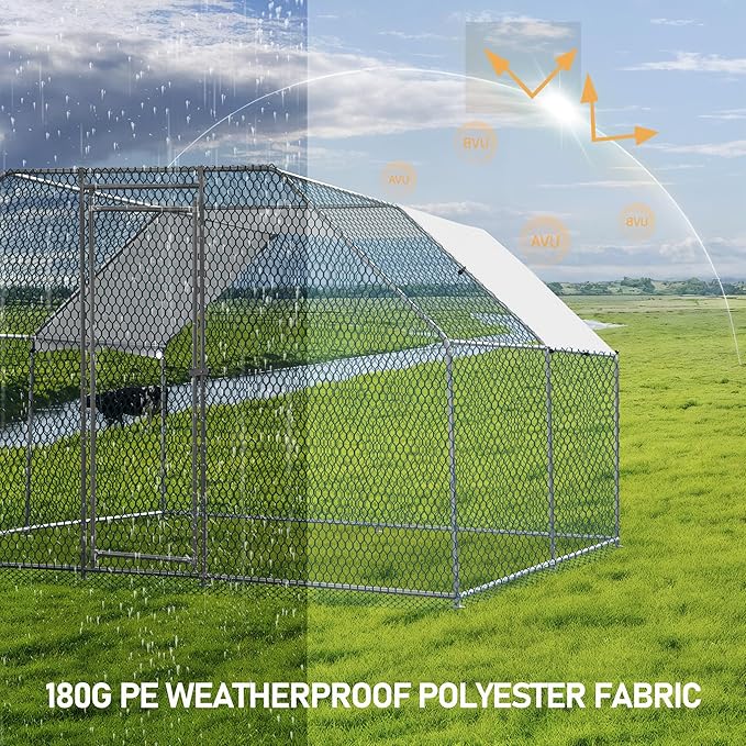 VINGLI Chicken Coop, Large Metal Poultry Cage for Chicken Run, Walk-in Chicken Pen with Waterproof & Anti-UV Cover Outdoor (Silver-Flat Roof, 13.1 * 9.8 * 6.5 ft)