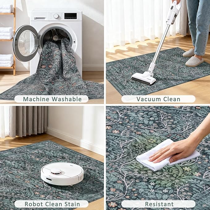 Retro Green Area Rug 6x9 Machine Washable Rug for Living Room,Entryway Bedroom Farmhouse Nursery Home Office，Low Pile Stain & Slip Resistant Large Dark Green Carpet for Bedroom