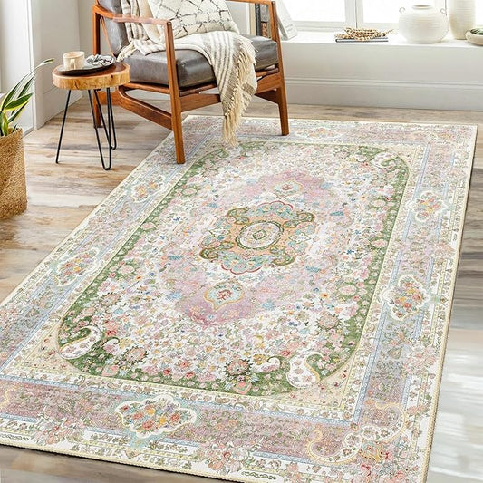 Pink Rug 3x5,Washable Area Rugs for Bedroom Living Room Kitchen Entryway,Small Boho Vintage Bohemian Distressed Non Slip Carpet,Blush Green