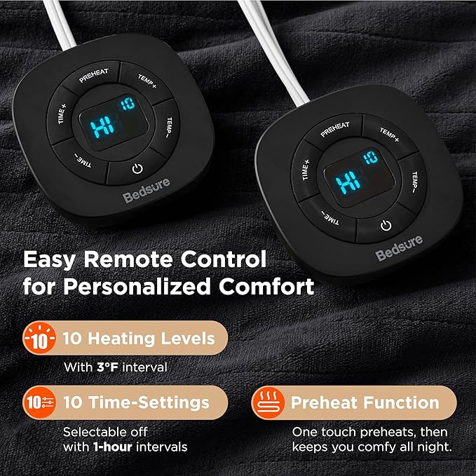 Bedsure Electric Blanket Queen Size - Dual Control Heated Blanket Queen, Fast Heating with 10 Time Settings & 10 Heat Settings, Warm Gift for Grandma (84x90 inches, Black)