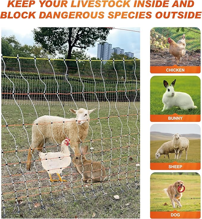 Poultry Electric Netting Fence - 41.3''H (can be Manually Raised to 53.1''H) x 98.5'L for Flying Chicken, Sheep, Goats in Farms, Ranches and Gardens, PK1