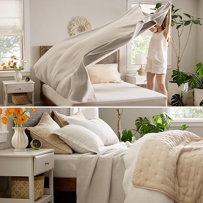 Bedsure GentleSoft 100% Cotton Blanket King Size for Bed - Breathable and Lightweight, Soft Cozy Textured Herringbone Woven Blanket for Summer, Linen Beige, 108x90 inches