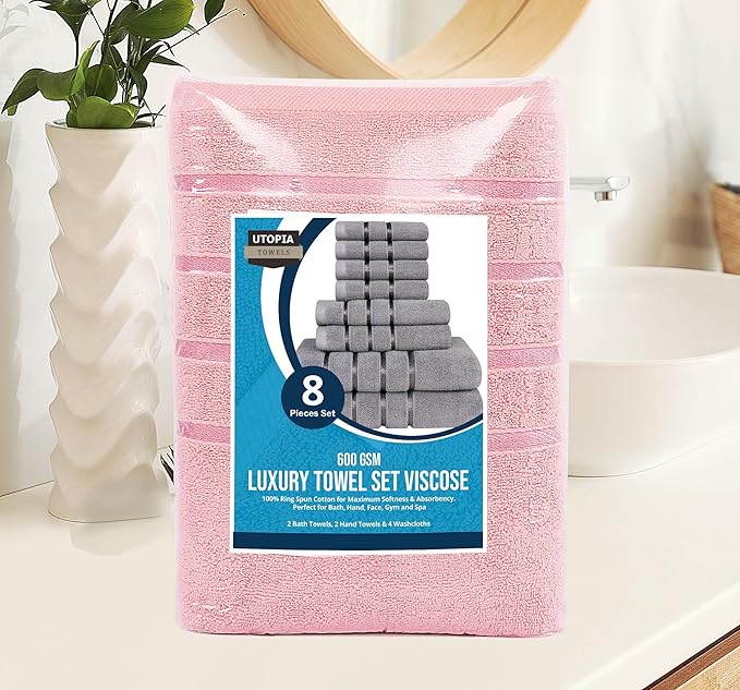 Utopia Towels 8 Piece Luxury Towel Set, 2 Bath, 2 Hand, and 4 Wash Cloths, 600 GSM Ring Spun Cotton, Highly Absorbent Viscose Stripe Towels, Ideal for Everyday use, Dusty Pink