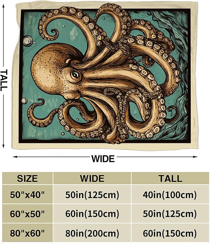 Octopus Blanket, Ocean Octopus Throw Blanket, Nautical Marine Gifts Blankets Stuff Fleece Flannel Plush for Girls Women Men Boys Lovers Adults Soft Bedding Gift for Sofa Bed Office Home Decor 40"X50"