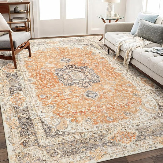 8x10 Area Rugs Washable,Boho Rug for Living Room Bedroom Dining Room,Large Vintage Bohemian Farnhouse Distressed Carpet Non Slip,Retro Orange Grey Floral