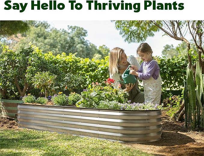 Plant & Plot Galvanized Raised Garden Beds Outdoor // 8×2×1 ft Planter Raised Beds for Gardening, Vegetables, Flowers // Large Metal Garden Box (Silver) // Patented Tool-Free Design