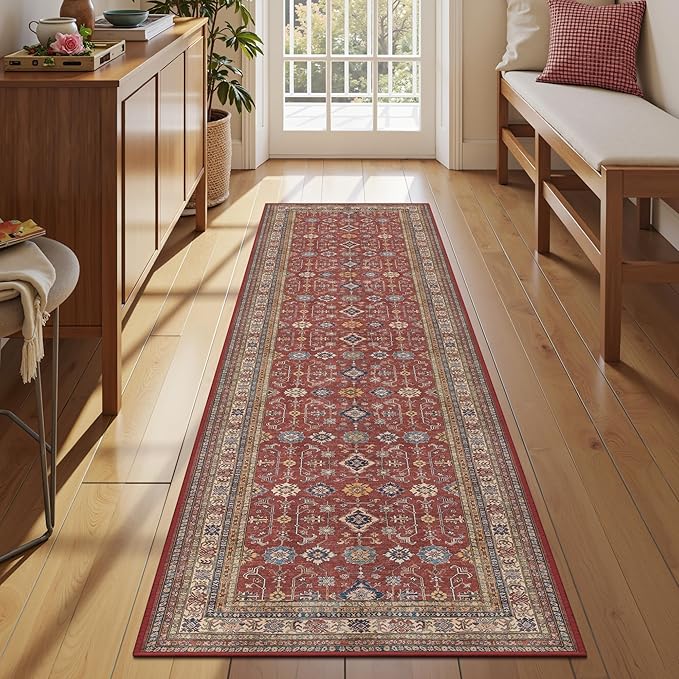 Rugland 2'6x8' Runner - Stain Resistant Entryway Rug, Anti Slip Backing Hallway Runner Rug, Vintage Tribal Area Rugs(TPR10-Burgundy, 2'6x8')