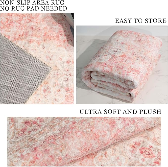 Round Rug 9ft,Large Pink Circle Area Rugs for Bedroom Living Room,Washable Boho Vintage Bohemian Distressed Oriental Floral Carpet Non Slip