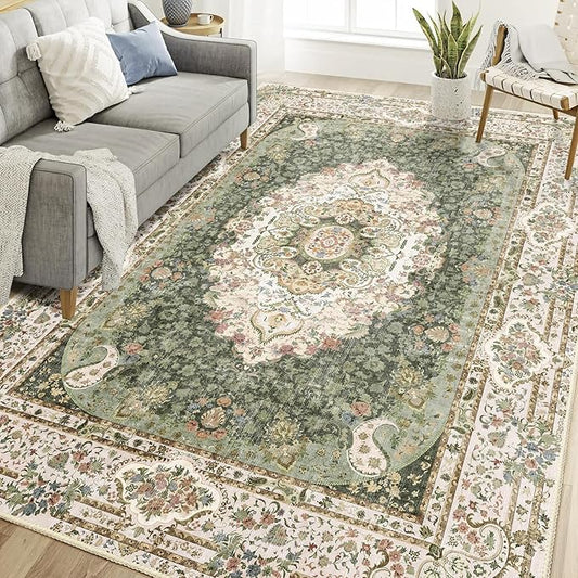 Casrage 6x9 Area Rugs Washable,Green Rug for Living Room Bedroom Kitchen,Large Boho Vintage Bohemian Distressed Carpet Non Slip,Floral