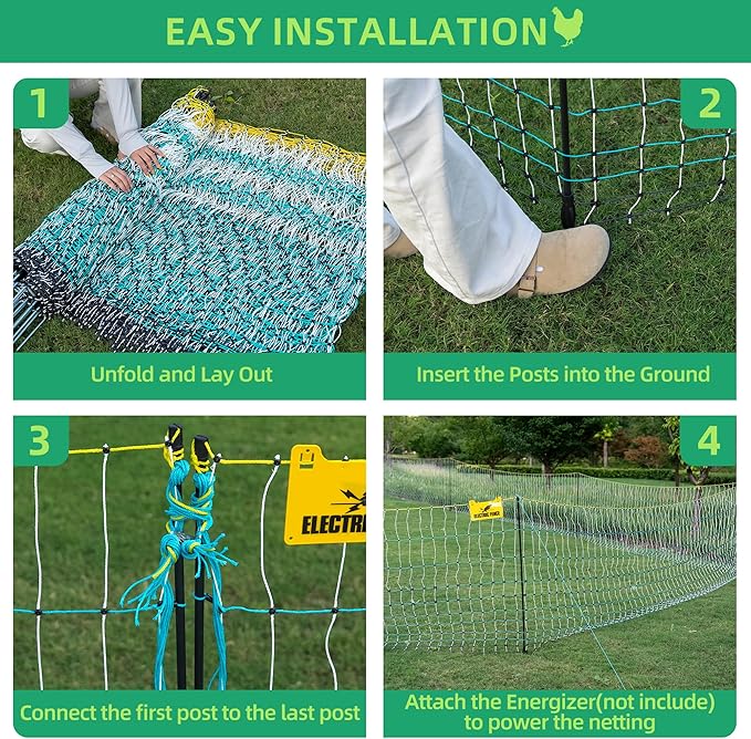 Poultry Netting Electric Fence - 164' L x 47.5" H, Portable Livestock Nets Mesh for Chickens, Ducks, Geese, Turkey, Electric Fencing for Backyards, Homesteaders, Farms, Ranches, Gardens