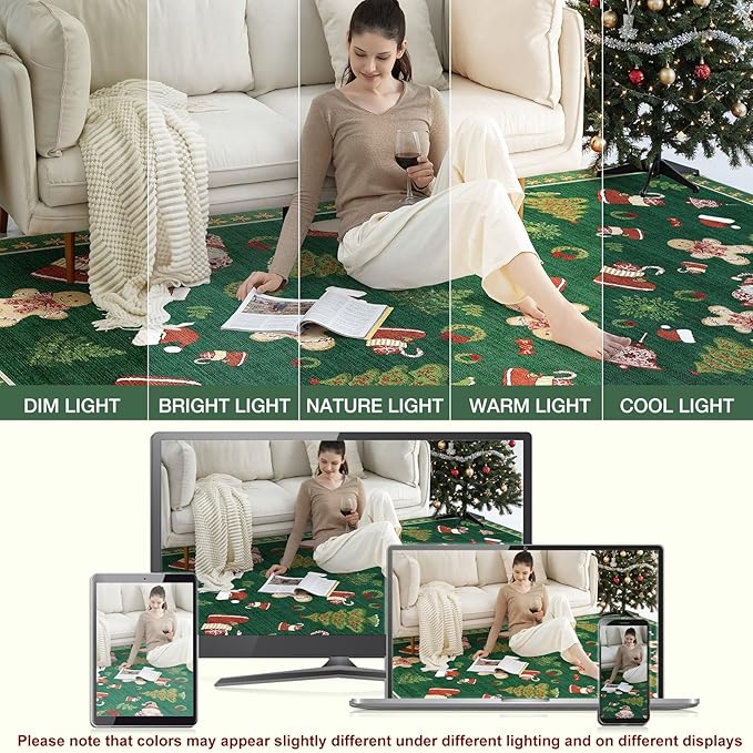 Washable Christmas Area Rug: 3x5 Neutral Modern Festive Carpet - Non-Slip Soft Thin Low Pile Throw Indoor Rugs for Bedroom Kitchen Entrance Living Room - Christmas Green