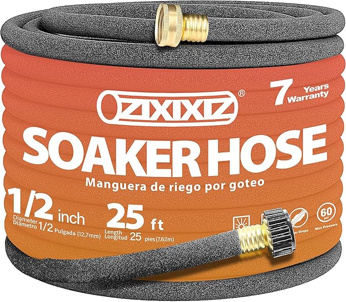 25FT Heavy-Duty 1/2 Inch Soaker Hose with 3/4 Inch Solid Brass Connector - Leakproof Garden Watering System for Gardens, Lawns, Flower & Vegetable Beds