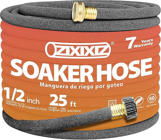 25FT Heavy-Duty 1/2 Inch Soaker Hose with 3/4 Inch Solid Brass Connector - Leakproof Garden Watering System for Gardens, Lawns, Flower & Vegetable Beds