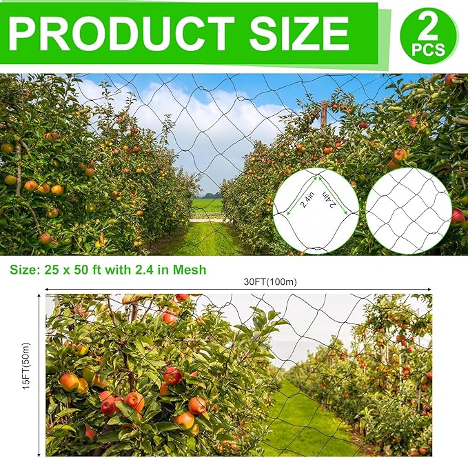 Windyun 2 Pcs Bird Netting Bird Net Chicken Coop 2.4" Mesh Heavy Duty Deer Fence Aviary Net Reusable Fruit Tree Poultry Barrier for Garden Protection Vineyard Against Hawk Squirrel, Black (50' X 100')