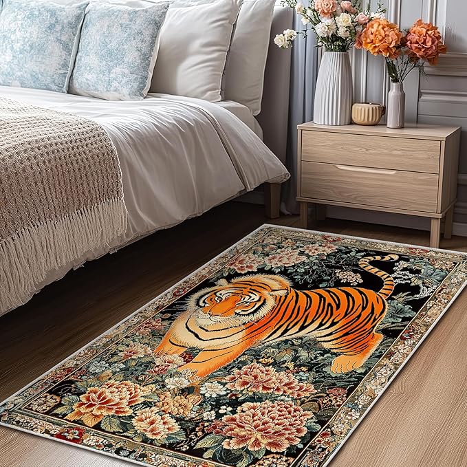 3x5 Tiger Rugs Boho Floral Flower Tiger Rug for Bathroom Kitchen Entryway Indoor Soft Non-Slip Thin Hippie Carpet Small Doormat for Office Dining Room Under Table Washable Machine