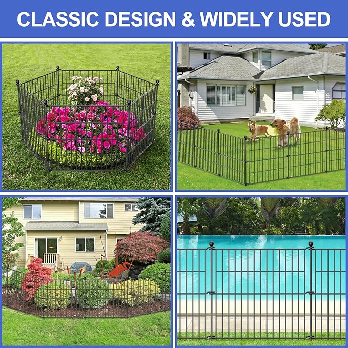 10 Panels No Dig Garden Fence Outdoor for Yard, 24 in(H) X 20 ft(L) Animal Barrier Pet Fencing Rustproof Decorative Metal Wire Panel Border for Dog, Rabbits, and Patio Temporary Ground Stakes