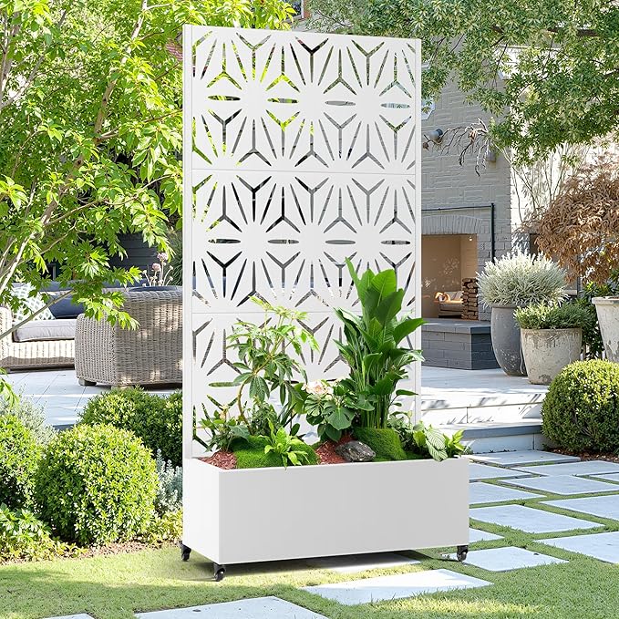 15.7"×70.9"×35.4" Metal Raised Garden Bed with Trellis and Wheels - Tall Trellis Planter Box for Climbing Plants, Vegetables & Vines - Outdoor Privacy Planters for Patio (White-Star)