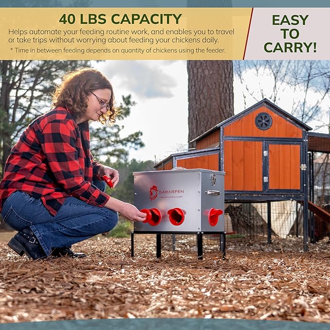 Automatic Chicken Feeder Rat Proof - 40lb 6 Ports Large Capacity Metal Poultry Feeder with Legs and Lids - Galvanized Chicken Feeder for Hen Coop